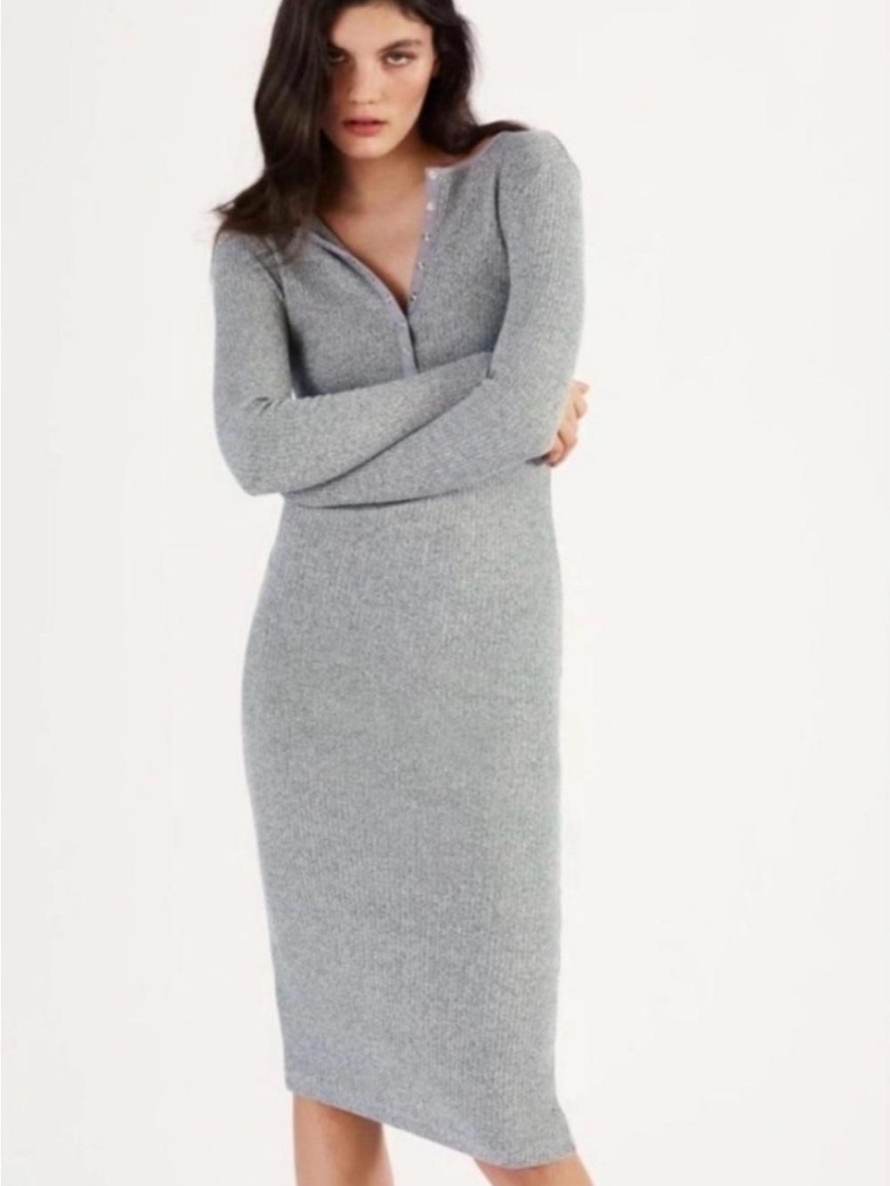 Zara Gray Ribbed Knit Long-Sleeve Midi Dress